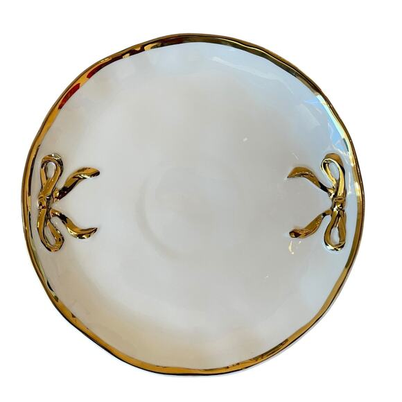 Hand Painted Coquette Gold Bow Salad Plates 9in White Ceramic Set of 4 Holiday - Picture 9 of 10